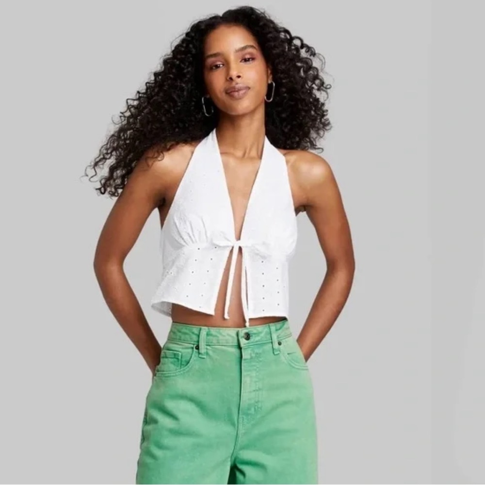 White Eyelet Lace Sleeveless Halter Fly Away Tie Front Top